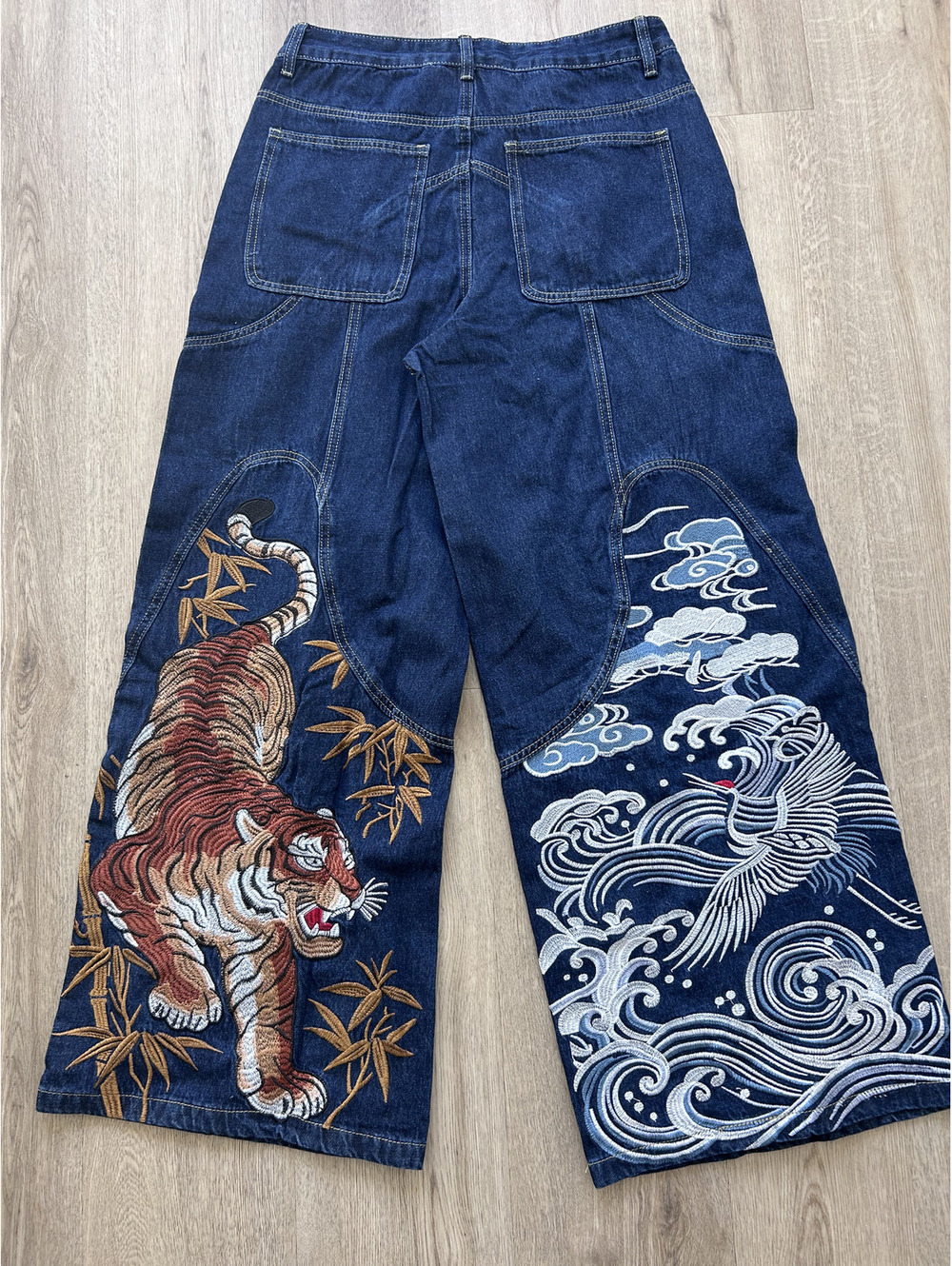 Wide Leg Embroidered Denim Jeans with Tiger and Crane Design